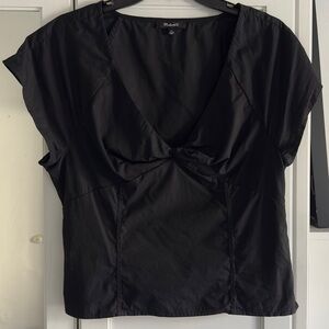 Madewell Twist-Front Seamed Top in Poplin Black Size 12